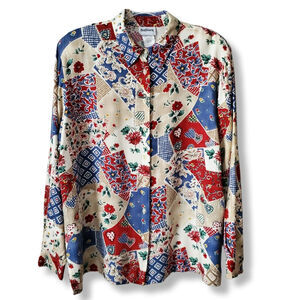 Women 80s Floral Patchwork Print Americana Button Front Shirt M Country Hearts